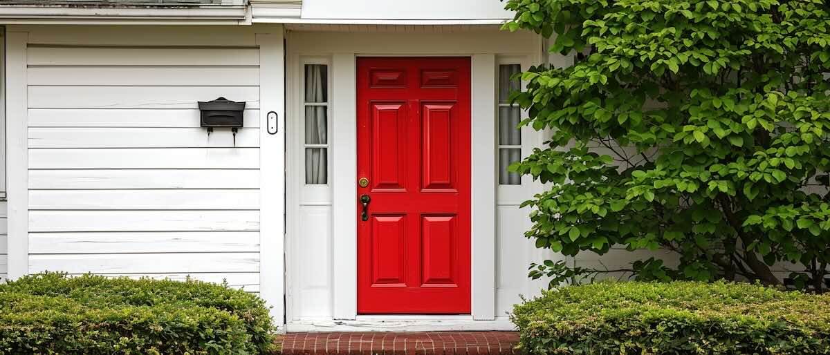 A red door on a white house
