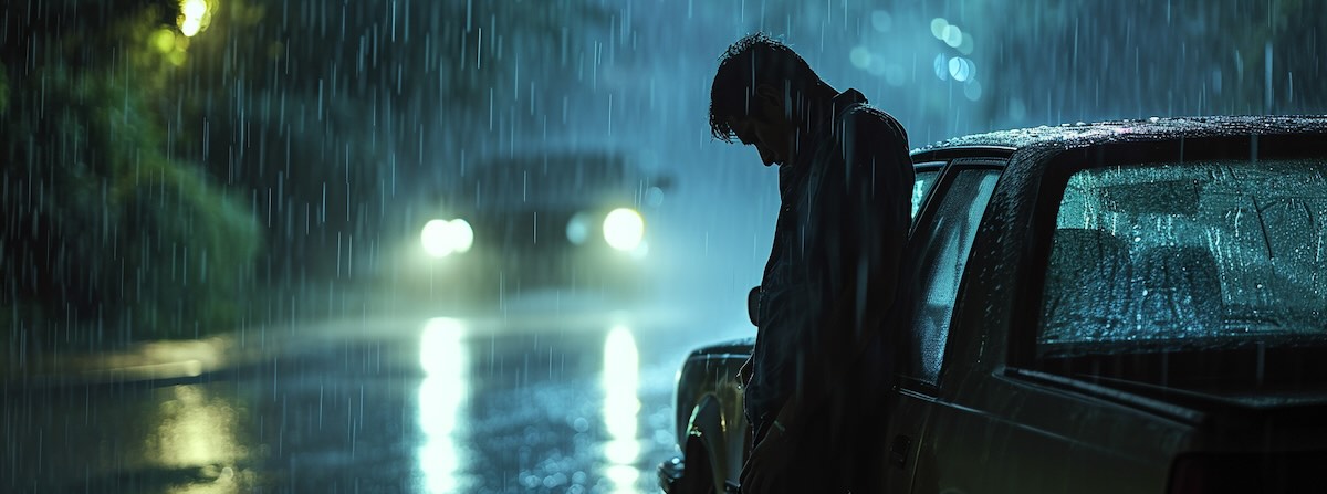 A man standing in the rain, outside of his car